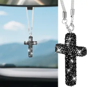 Bling Double-Sided Diamond Cross Car Mirror Hanging – Christian Rearview Pendant Charm for Women