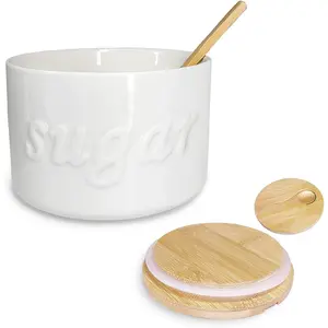 Sugar Bowl with Lid and Spoon 16 OZ Airtight Sugar Container for Coffee Bar Farmhouse Ceramic Jar Sugar Holder Coffee Bar Accessories for Countertop White