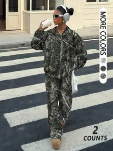Women's Camo Hoodie and Pants Set, Casual Fall Winter, Long Sleeve Sweatshirt, Elastic Waist Wide Leg Pants, All Seasons Wear