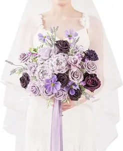TINGE TIME 11 Inch Artificial Bridal Bouquet, Wedding Bride Bridesmaid Tossing Bouquets Flower for Wedding Anniversary Bridal Shower and Home Party Decoration (Lavender & Plum) Decorative Light