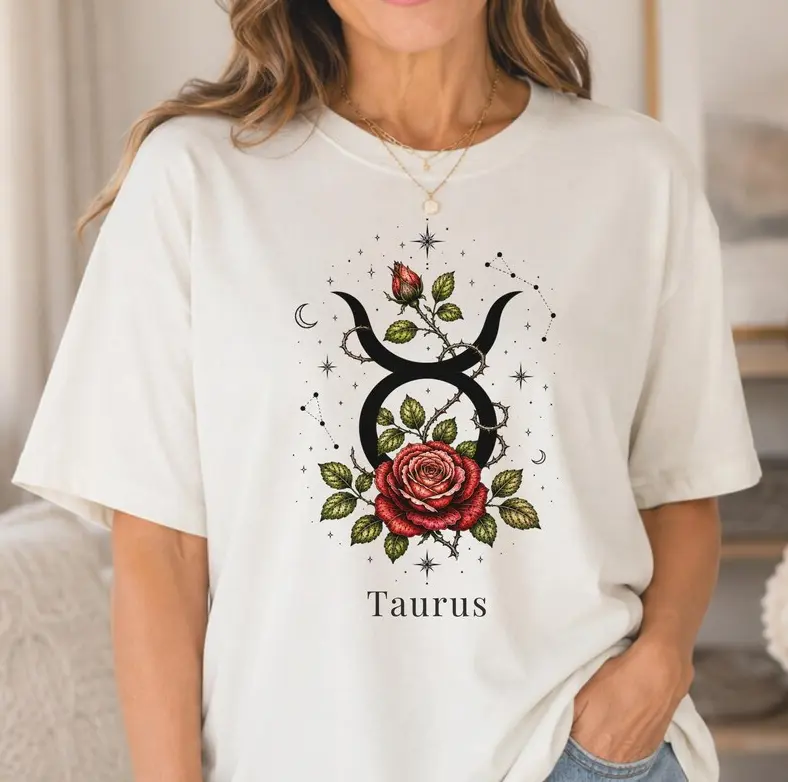Taurus Zodiac Shirt Women Astrology Birthday Gift Her Floral Tee Fall Botanical Constellation Design Celestial Symbol Rose Graphic T-Shirt