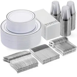 Goodluck 350PCS Silver Plastic Dinnerware Set for 50 Guests Includes 50 Dinner Plates 50 Dessert Plates 50 PreRolled Napkins with Silverware 50 Cups Perfect for Weddings Parties Baby Showers Christmas Disposable