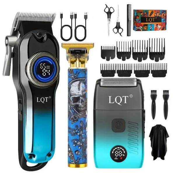 LQT 3-in-1 Professional Men’s Barber Kit – Cordless Hair Clipper, Skull Print T-Blade Trimmer, Foil Shaver Set with USB Recharge, LED Display, 8 Guide Combs, Thinning Shears for Abs, Face, Beard Style, Father’s Day Gift, Barber Equipment, Home Haircut, Er