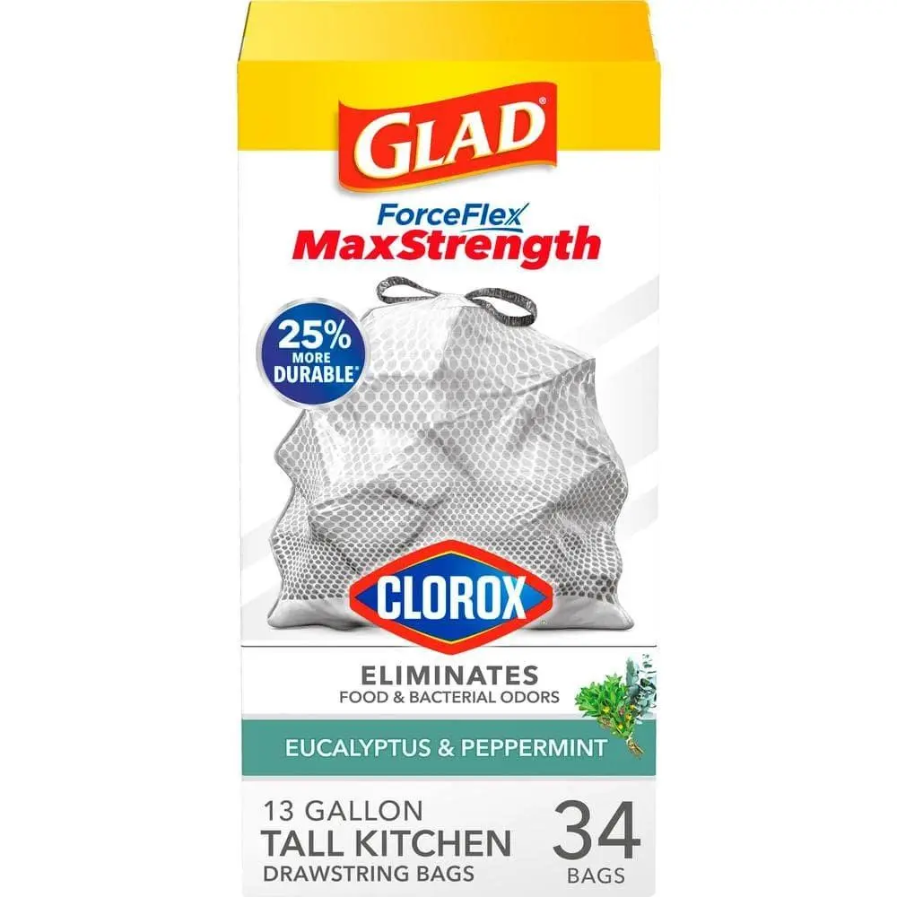 ForceFlex MaxStrength with Clorox Trash Bags, 13 Gal, Eucalyptus and Peppermint, 34 Ct
