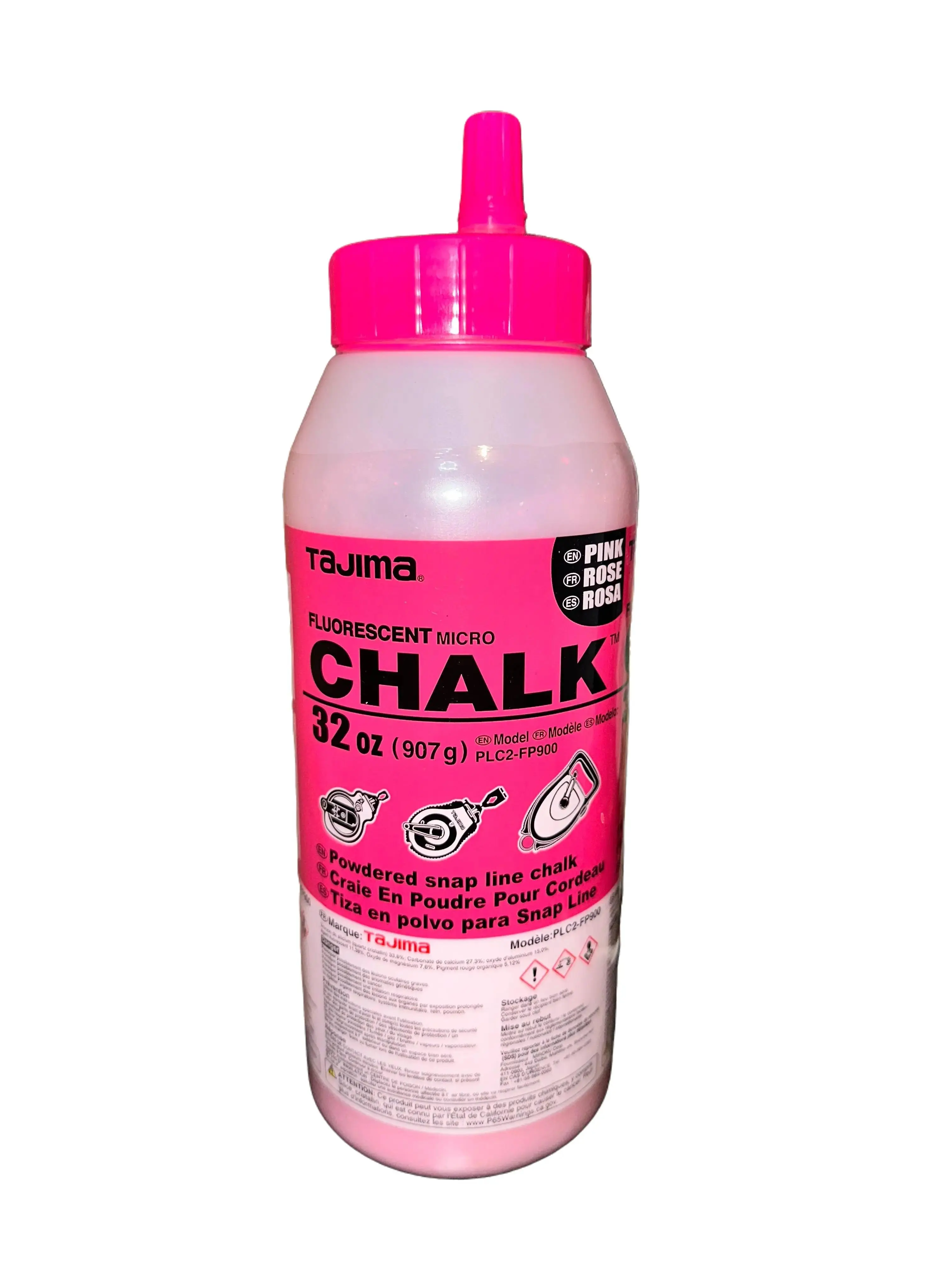 TAJIMA Micro Chalk - Fluorescent Pink 32-oz (907g) Ultra-Fine Snap-Line Chalk with Durable Bottle & Easy-Fill Nozzle - PLC2-FP900