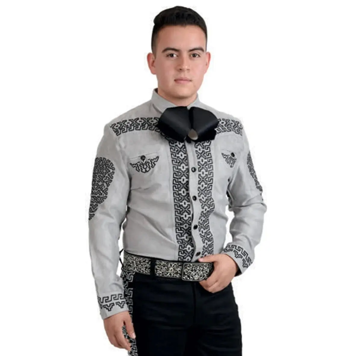 Camisas Charras Para Hombre Gris Claro con Negro de Gamuza
