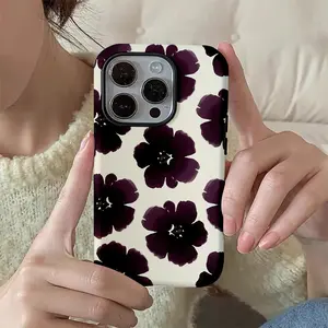 Retro black and purple floral pattern, durable and shock-absorbing glossy 2-in-1 phone case, suitable for iPhone 17, 16, 15, 14, 13, 12, 11, X, Samsung and other series models. Can be given as a holiday gift to friends or family.