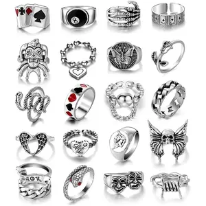 26-35 Pcs   Knuckle Rings Set for Women Men, Grunge Gothic Rings Chunky Aesthetic Snake Stackable Adjustable Punk Bulky Finger Alt Fairy Skull Frog Heart  Flower Midi Ring Pack