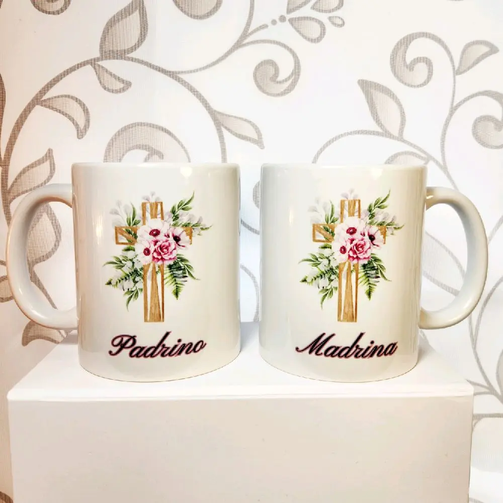 Padrino & Madrina Mugs with Cross and Floral Design for Special Occasions