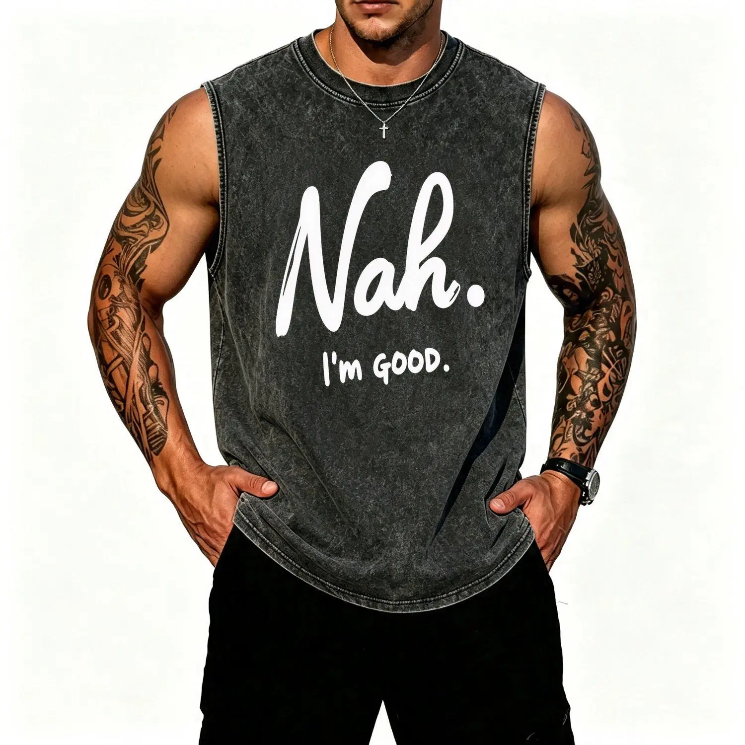 Muscle Tank Top Retro Sleeveless Shirt with Nah I'm Good Print Breathable Gym Workout Vest Suitable for Casual Streetwear Fitness Casual Attire Machine Washable Retro Gift for Vests