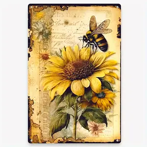 1pc Vintage 8*12" Aluminum Sunflower Bee Wall Sign - Pre-Drilled - Ideal for Nature Lovers & Home Decor Enthusiasts