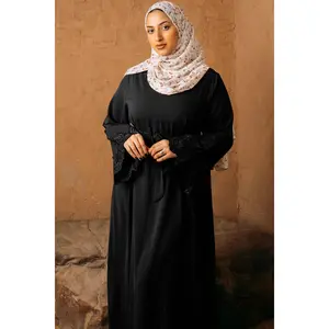 Black Lace Sleeve Front Zipper Abaya Dress