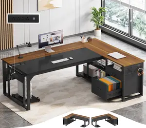 71" Reversible L-Shaped Executive Desk with Power Outlet & File Drawers, Large Computer Gaming Desk with Pegboard & CPU Stand, Modern Home Office Workstation (Gray))