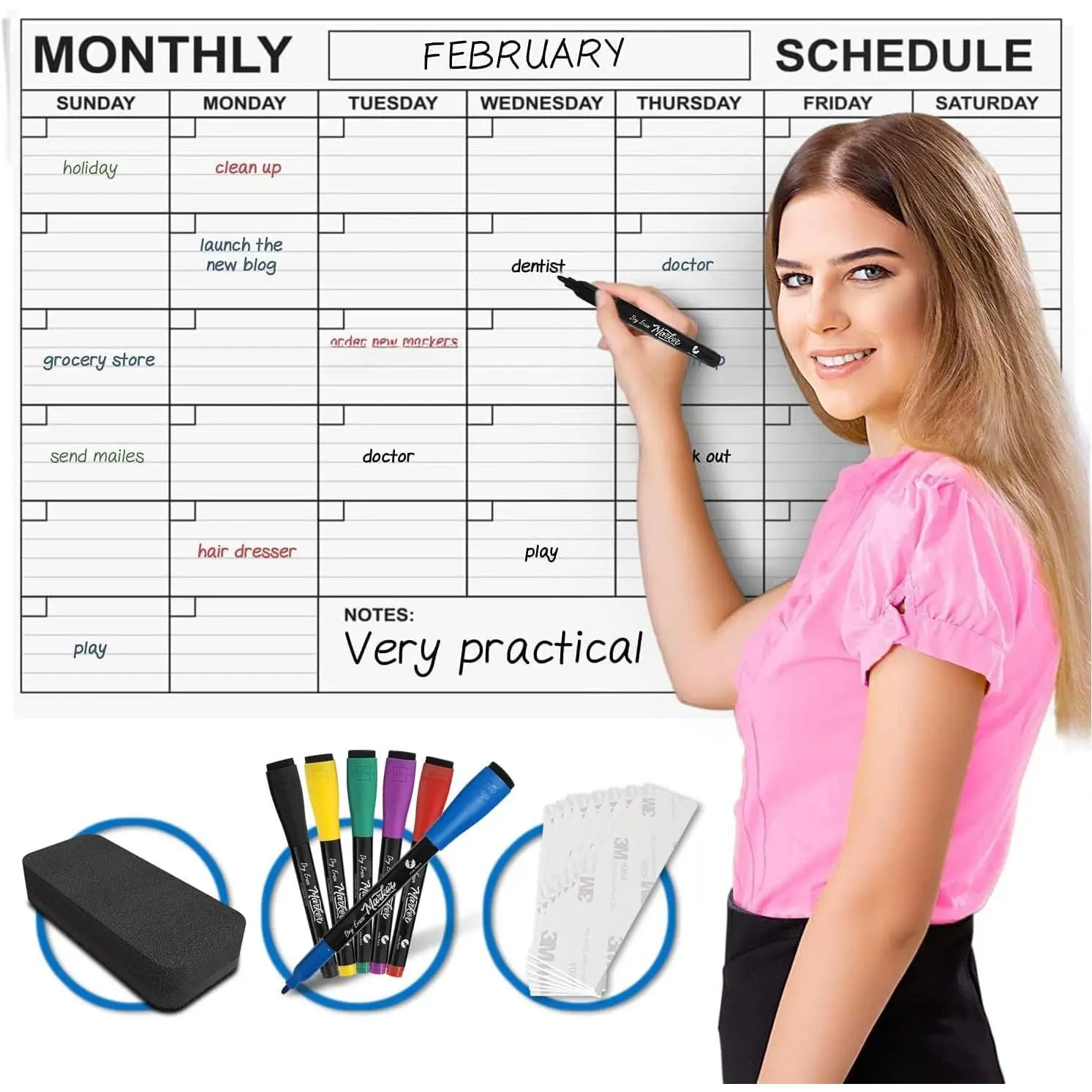 Large 24"x36" White Board Calendar Dry Erase for Wall Big Dry Erase Wall Calendar Monthly Large Wall Calendar Dry Erase Board Planner Includes 6 Markers Eraser Push Pins & Mounting Tape