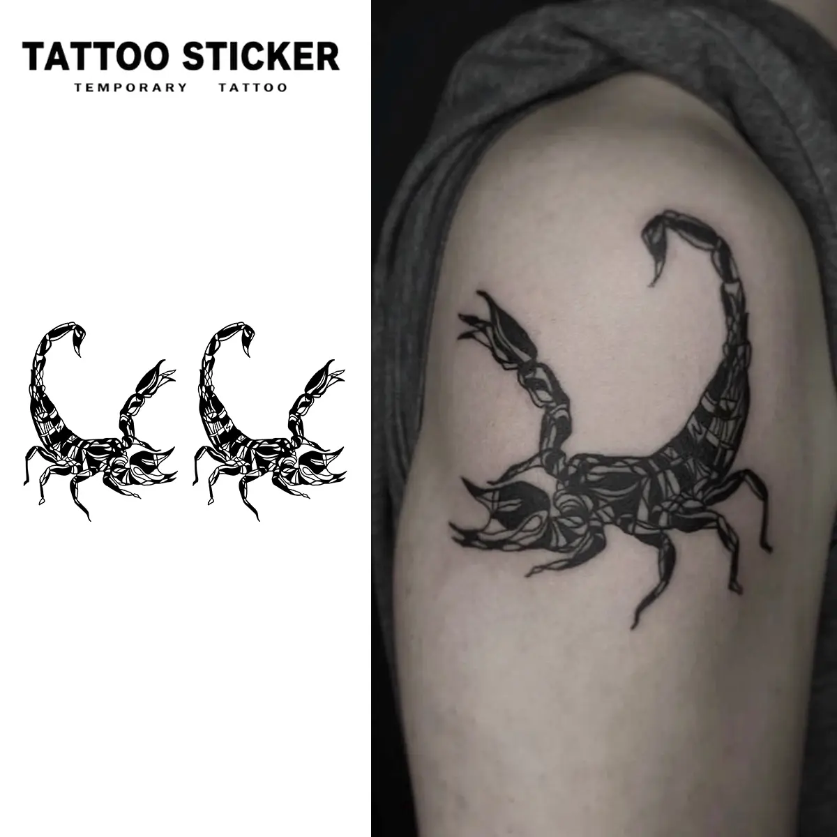 Temporary Tattoo Black Grey Realistic Scorpion Dark Series Fake Tattoo Stickers, 2 Sheet Pack, Semi-Permanent Durable Waterproof, Cool Realistic Look For Men Women, Perfect For Street Alt Halloween Party Body Art - Temporary Tattoos