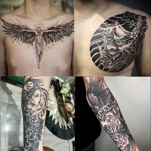 6 Large Herbal Tattoo Stickers, Including 2 Random Designs of Angel, Tradition, Geisha, Wings and Other Elements, Lasting 7-15 Days, Waterproof and Anti-Friction, Realistic Effect, Suitable for People Who Don't Want Tattoo Pain