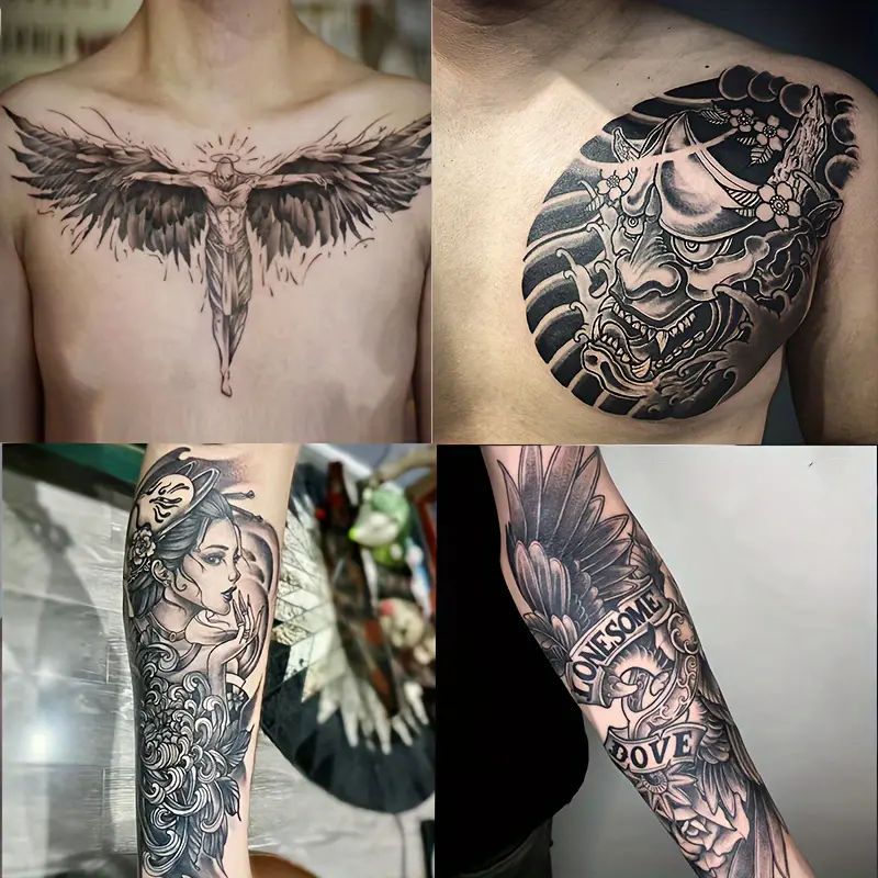 6 Large Herbal Tattoo Stickers, Including 2 Random Designs of Angel, Tradition, Geisha, Wings and Other Elements, Lasting 7-15 Days, Waterproof and Anti-Friction, Realistic Effect, Suitable for People Who Don't Want Tattoo Pain