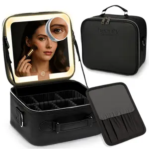 BeautyOnBoard Makeup Bag with LED Mirror, PU Leather Makeup Case - 3 Adjustable Brightness Levels, Lighted Cosmetic Case with Mirror, Dividers - Make Up Portable Storage Travel Organizer with Handle