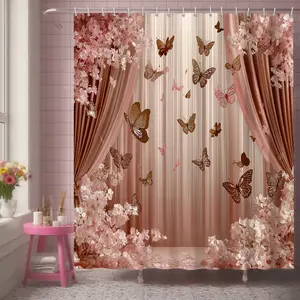 72"x72" 3D printed shower curtain, four-piece shower curtain set, waterproof bathroom mat, toilet seat cover, U-shaped floor mat, Valentine's Day series with pink rose pattern, comes with 12 plastic hooks, easy to install, Bathroom Decoration Accessories