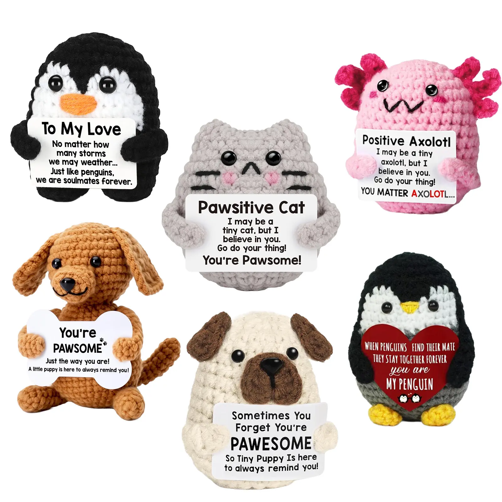 6 Pcs Cute Mini Handmade Knitted Plushies Set Emotional Support Plush Soft Squishy Stress Relief Toys For Birthday Christmas Gifts For Her Him Best Friend Teacher Appreciation Holiday Gift Bag Charm Desk Car Decor