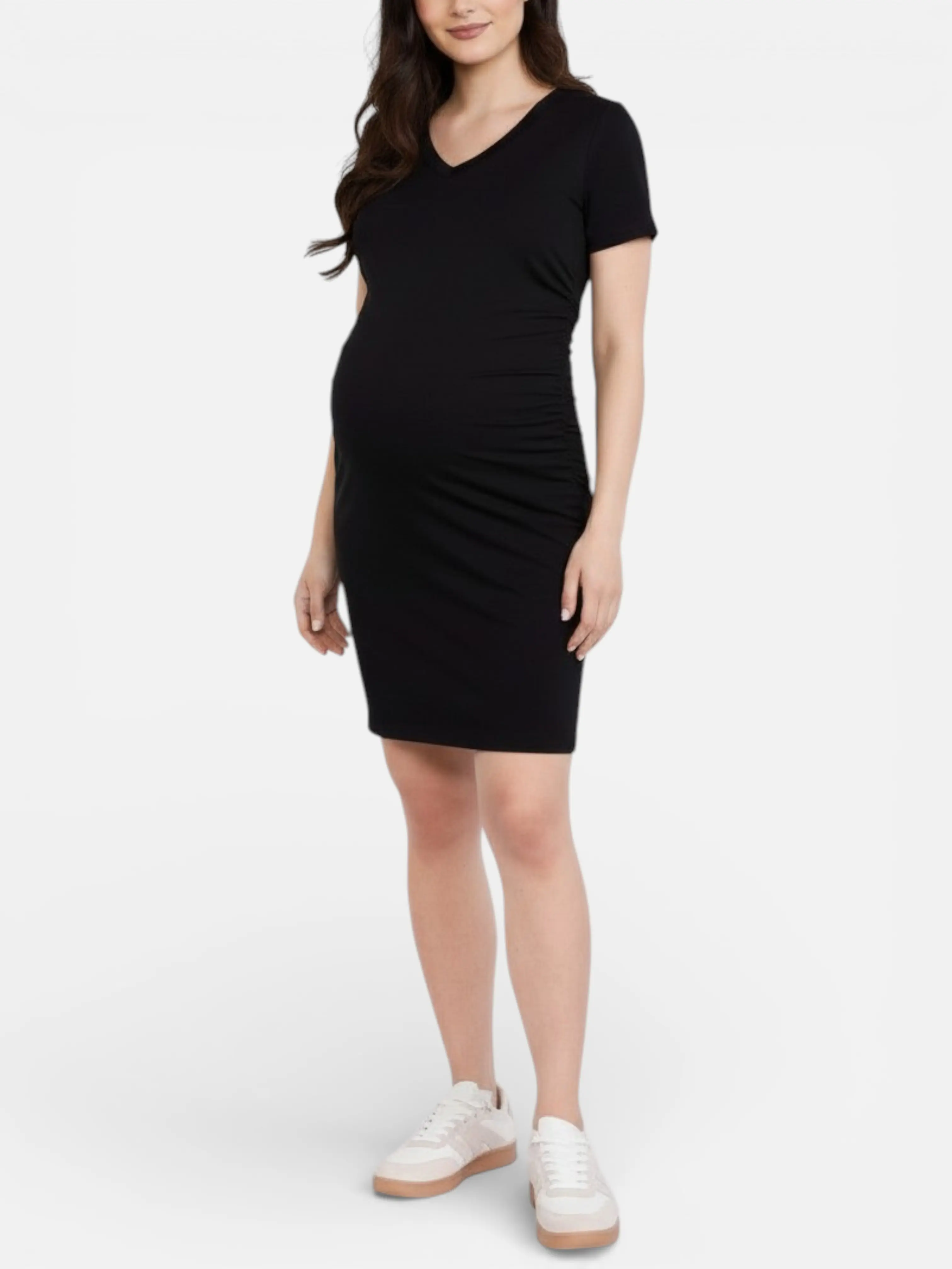 Motherhood Maternity Women's V-neck Short Sleeve Side Ruched Bodycon Maternity Mini Dress - Pregnancy Dress