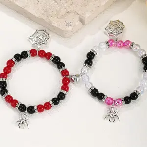 2 Pcs of White Spider Pendant Heart Shaped Magnet Couple's Bracelets Fashion Jewelry Gift