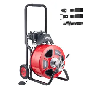 VEVOR Drain Cleaner Machine 100 FT x 3/4 Inch, Auto Feed Sewer Snake Auger on Wheels, Portable Drain Cleaning Machine with 4 Cutters & Air-activated Foot Switch for 4" to 8" Pipes, Steel Cable