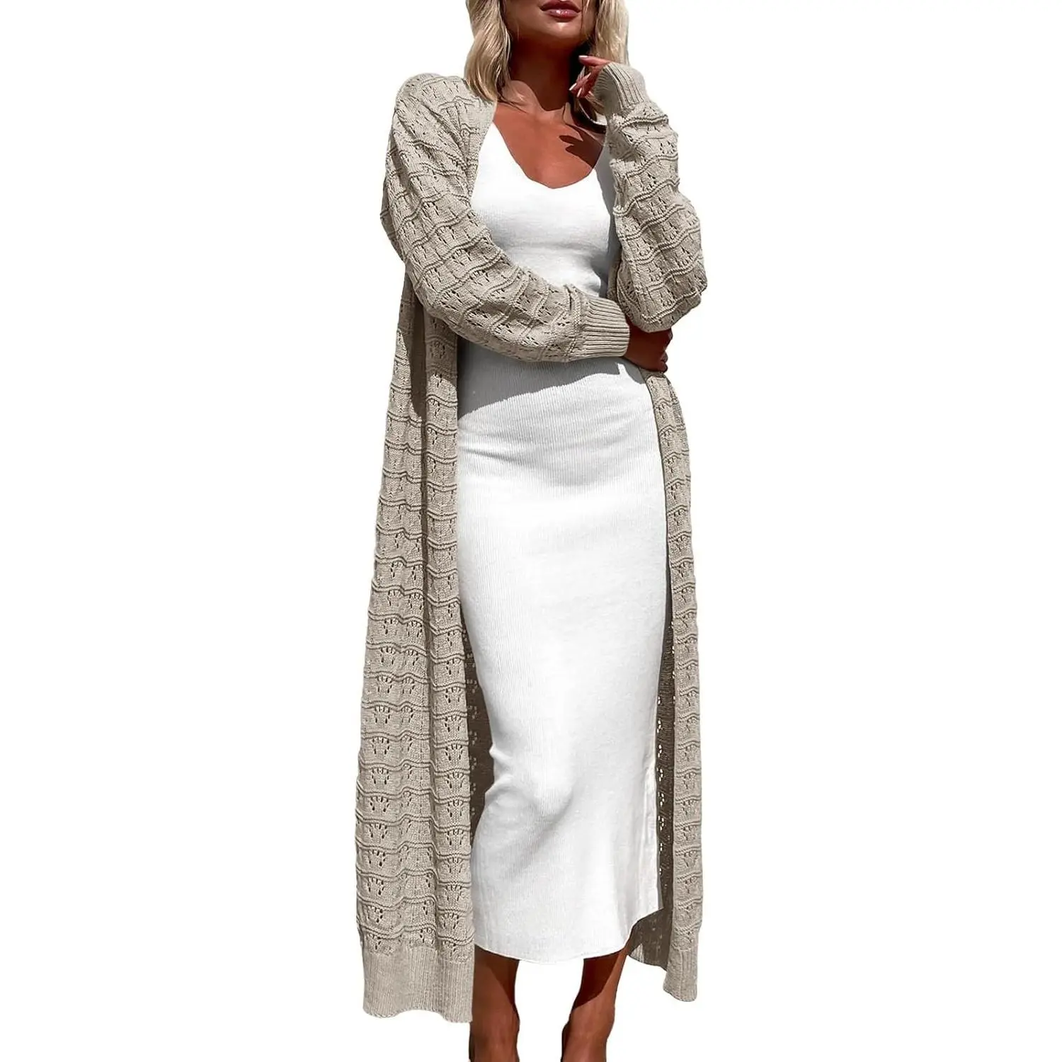 Lannew Womens Crochet Maxi Cardigan Sweaters Open Front Knit Long Sleeve Lightweight Duster Cardigan Casual Winter Outfits