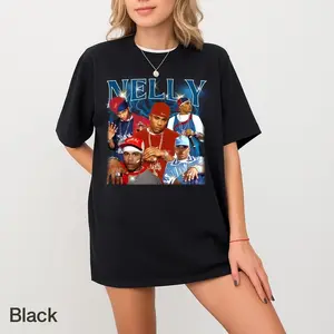 Women's Nelly Rapper Vintage 90s Bootleg T-Shirt - Spandex, Smooth, Casual Clothes with Sleeves, Y2k Retro Graphic Rap Tee, Unisex