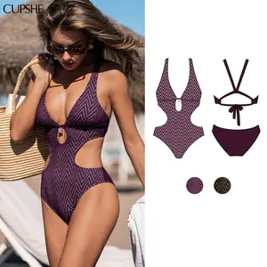 CUPSHE 【Valentine's Day】 2026 Monokini | Swimsuit Sculpting Cutout One Piece with Plunging Neck & Textured Chevron Print