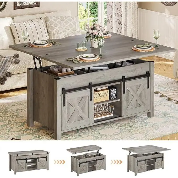 SIKAIC 4-in-1 Extendable Lift-Top Rectangular Coffee Table - Modern Farmhouse Cottage Furniture, Living Room Center Piece with Popup Surface, Sliding Doors & Concealed Storage, Grey Mid-Size Indoor Table, Indoor Furniture Table, Modern Farmhouse Tables