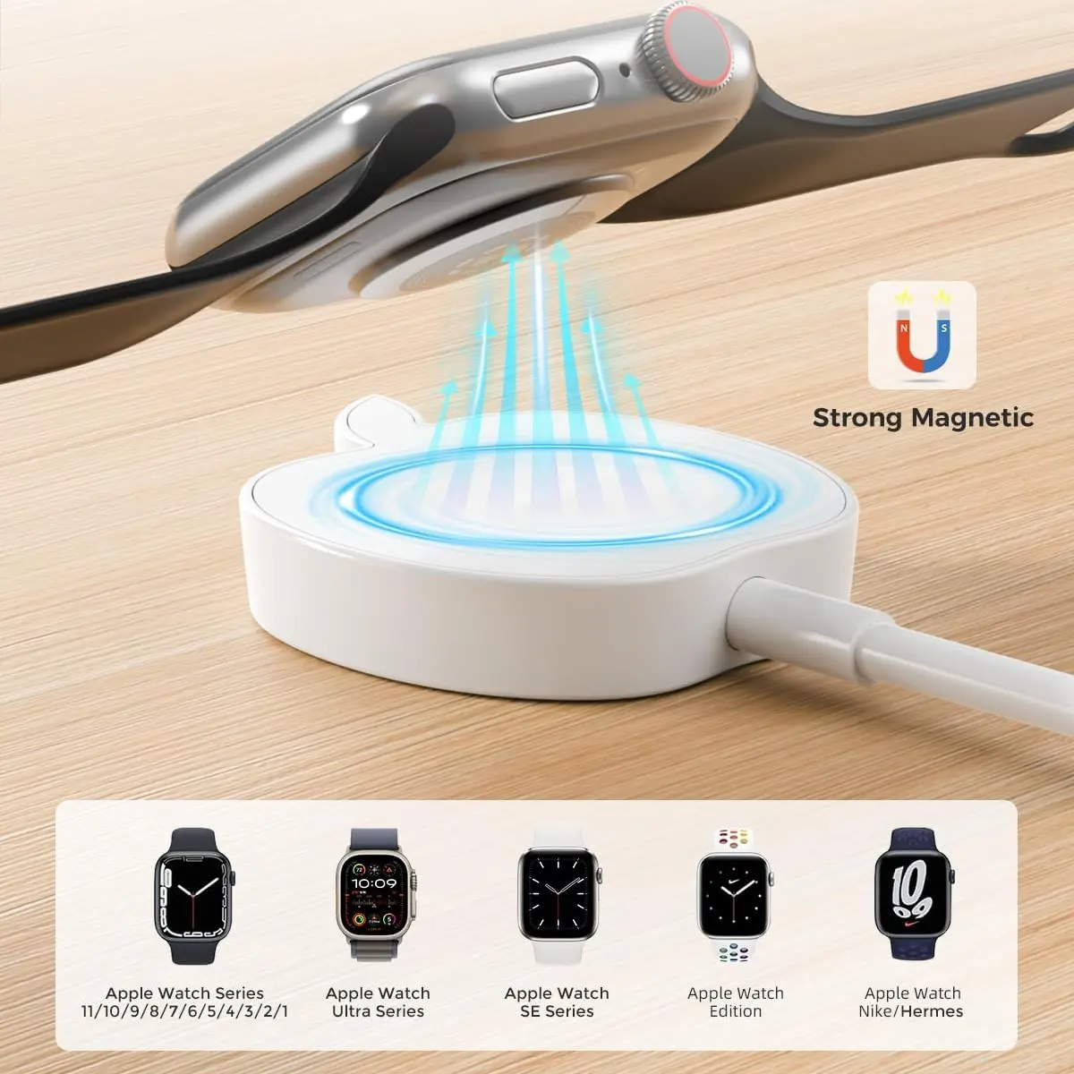 Apple-Shaped Magnetic Charger for Apple Watch, 2.5W Charge Accessories, Strong Snap, 1M TPE USB-A Plug Wired Connect Cable, Low-Key Nightstand Essential, White Durable Wearable, Compatible with Series 2-11, Ultra 1-3, SE/SE2/SE3