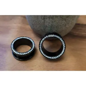 Pair Black Steel Diamond Gem Screw Fit Surgical Steel Tunnels Ear Plugs Gauges 8g 6g 4g 2g 0g 00g 1/2 9/16 5/8 3/4 7/8 1 inch earrings men