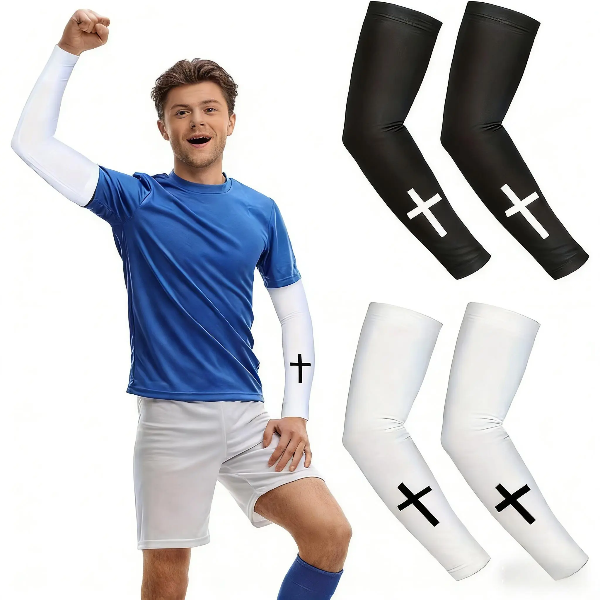 Men's Sports Compression Arm Sleeves - Faith-Inspired Cross Pattern Arm Shaper, Elastic Breathable Support, Football Training & Outdoor Sports Fashion Accessory