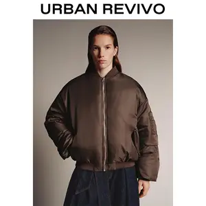 URBAN REVIVO Women's Long Sleeves Down Bomber Jacket - Soft, Breathable Fabric, Bubble Hem, Casual Everyday Tops Outerwear Coats, Stylish, UWJ150050, Style