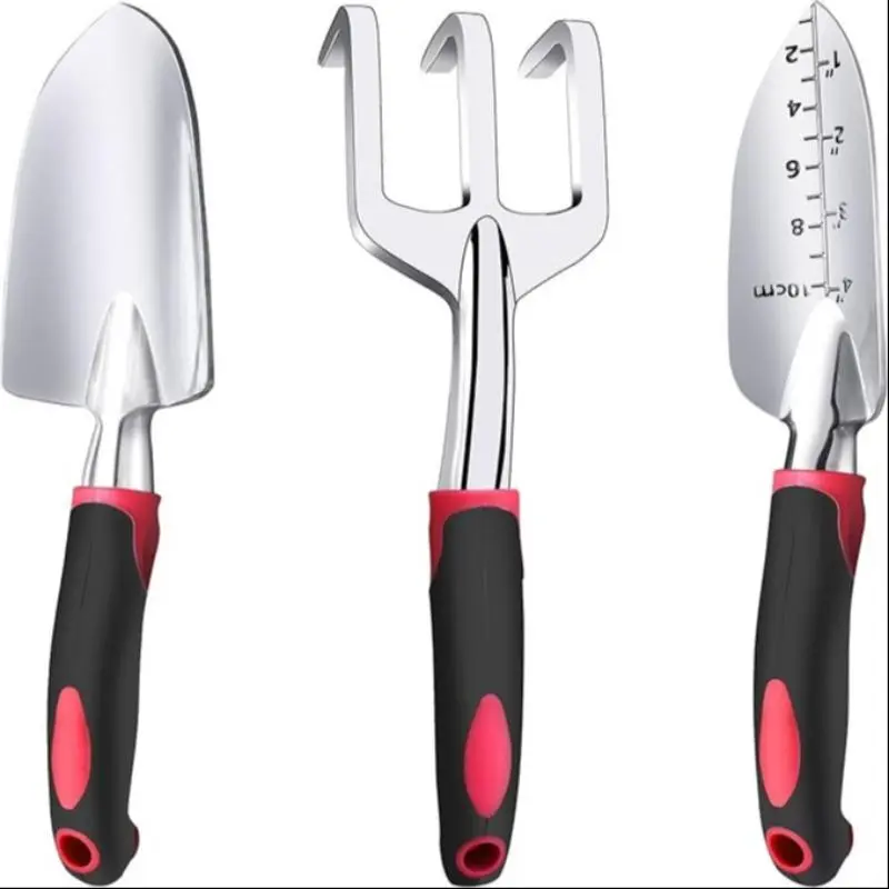 Garden Tool Set, 3 Counts/set Aluminum Home Garden Tool Set with Lightweight Design, Including Hand Shovel, Transplanting Shovel & Hand Rake, with Soft Rubber Non-slip Handle, Complete Tool Set