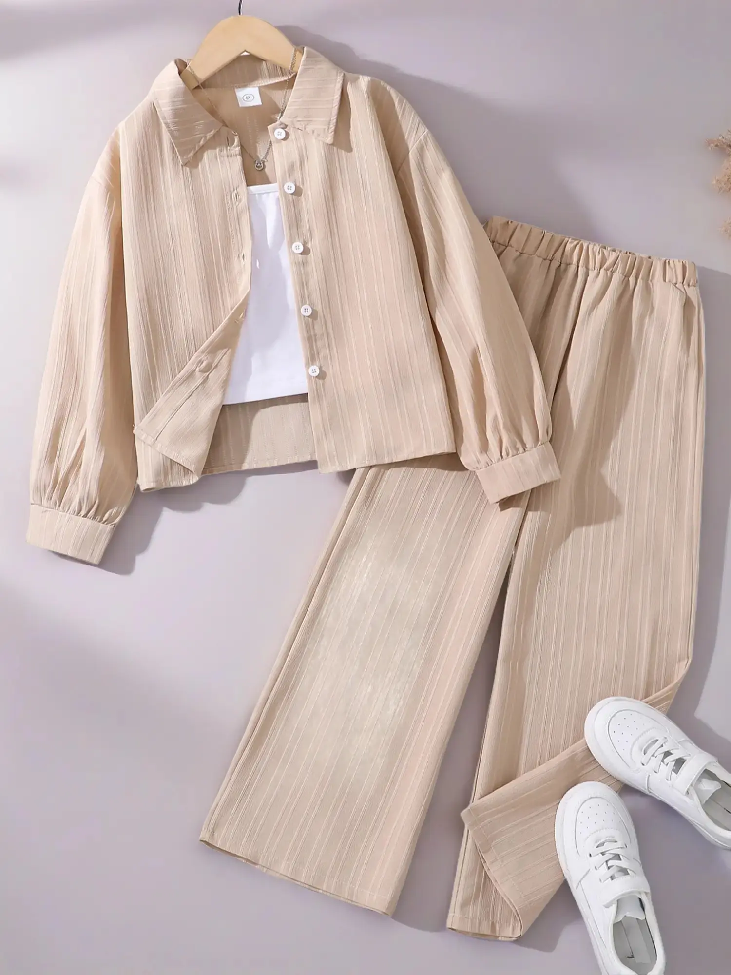 Girls' Casual Button Front Cardigan & Elastic Waist Pants Set, Long Sleeve Woven Fabric, Fine Girls Outfit, Perfect for Spring & Fall Outdoors, Casual Outfit Set, Fashion Clothes Set, Matching Outfits Set, Match Style Set, Fashion Style Sets