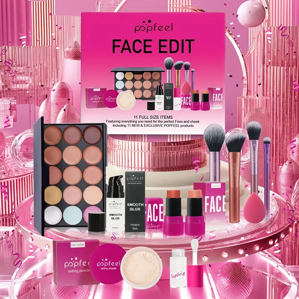 POPFEEL All-in-One Face Makeup Palette - 12-in-1 Waterproof Kit with Primer, Foundation, Concealer, Powder, Blush, Bronzer, Highlighter, Eyeshadow, Lipstick & Brush, Complete Travel Cosmetic Makeup Set for Beginners