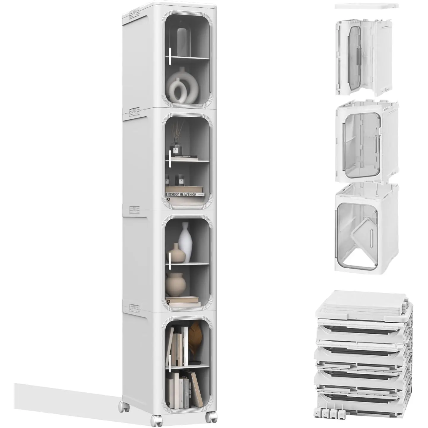 4-Tier Tall Narrow Sturdy Modern Rolling Storage Cabinet - Slim Indoor Furniture Cupboard with Adjustable Shelves, Wheels, Regular Door, Storage Solutions, Small Room Ideas, Bathroom Hacks