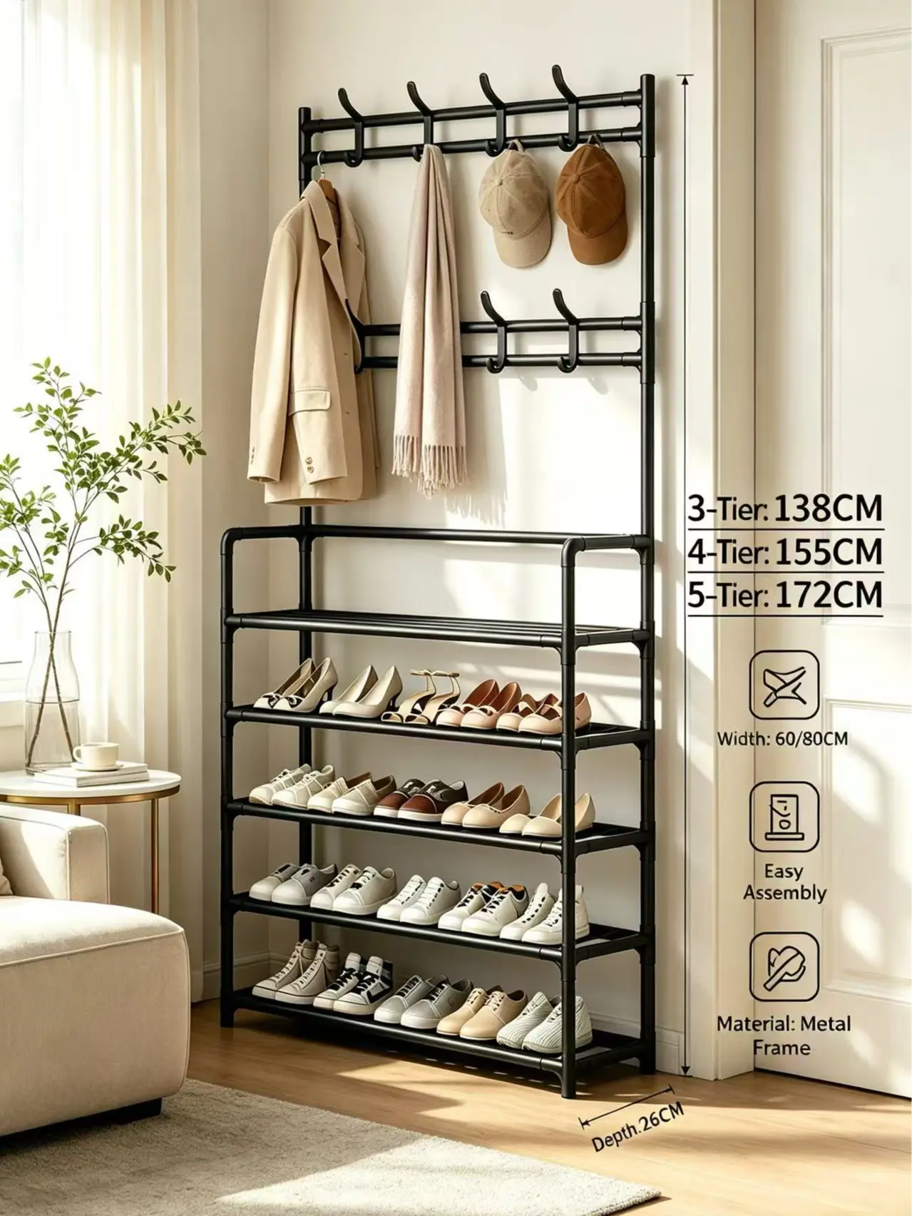 Durable Rectangle Freestanding Coat Rack with Integrated Hanging Shoe Storage, Multifunctional Organizer for Apartment Entryways Shoe & Coat Organization