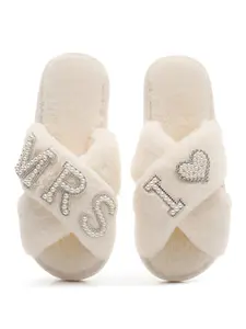 Customizable Wedding Slippers for Bride and Bridesmaids, Elegant X-Strap Fuzzy Slippers with Pearls and Rhinestones, Casual Indoor Shoes