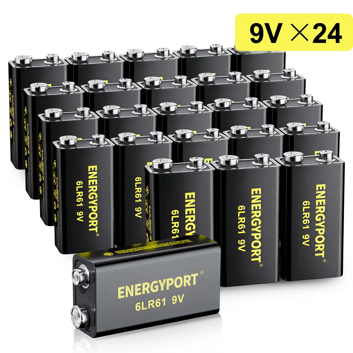ENERGYPORT 24-Pack 9V Alkaline Replacement Batteries (6LR61), High Capacity, 10-Year Shelf Life, Maintains Freshness, 9V Voltage, Devices Compatible for Smoke Detectors, Smoke Alarms, Guitar Pedals