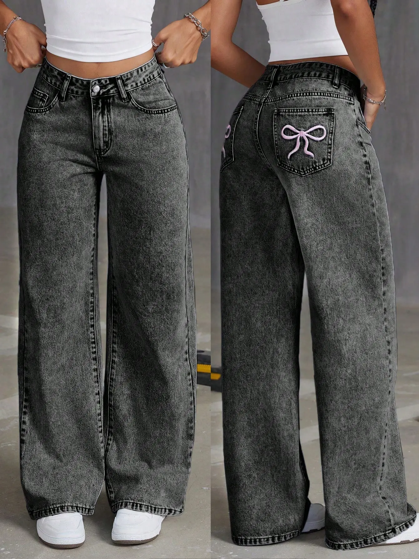 Embroidered Pink Bowknot Washed Denim Y2K Vintage Jeans - Casual Comfortable n' Baggy Everyday Womenswear Bottom Embroidery Bow Jean Pants