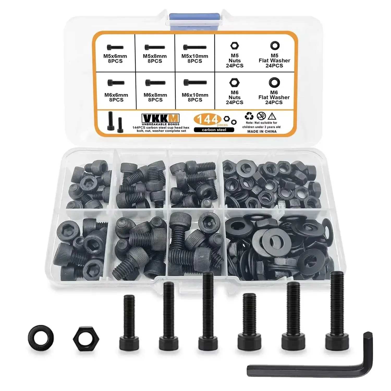 144pcs Vkkm 10.9 Grade Carbon Steel Hexagon Screws Hex Cap Screws Set M5/m6 Multiple Sizes, High Strength Heavy Duty Fastening Anti-Rust Bolts with Nuts Washers for Furniture Machinery Car Repair DIY Professionals
