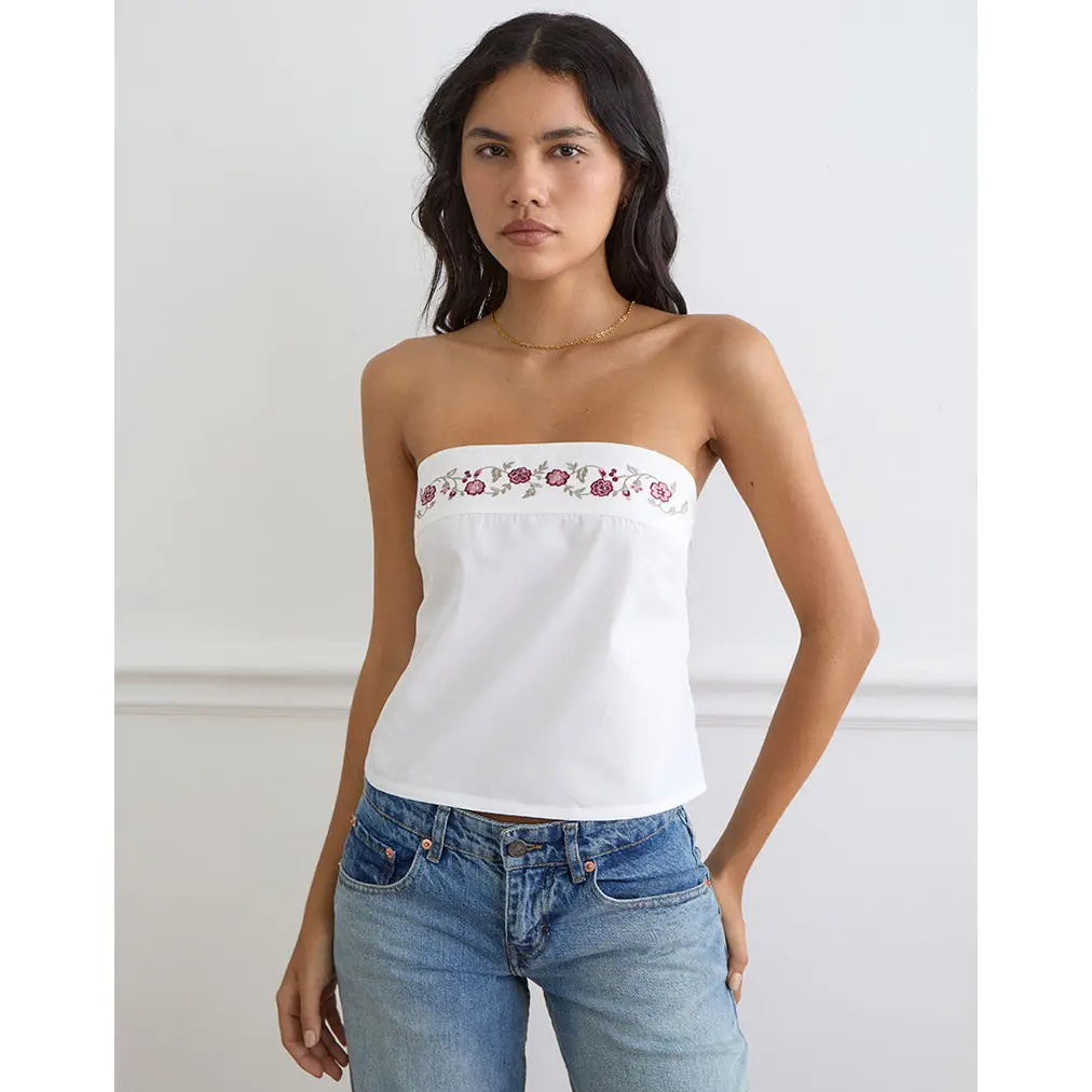 Motelrocks Ahera Bandeau Top for Women, Sleeveless Loose-Fit White Poplin with a Shirred Panel & Cherry Blossom Embroidery, Flowers, Style, Clothes