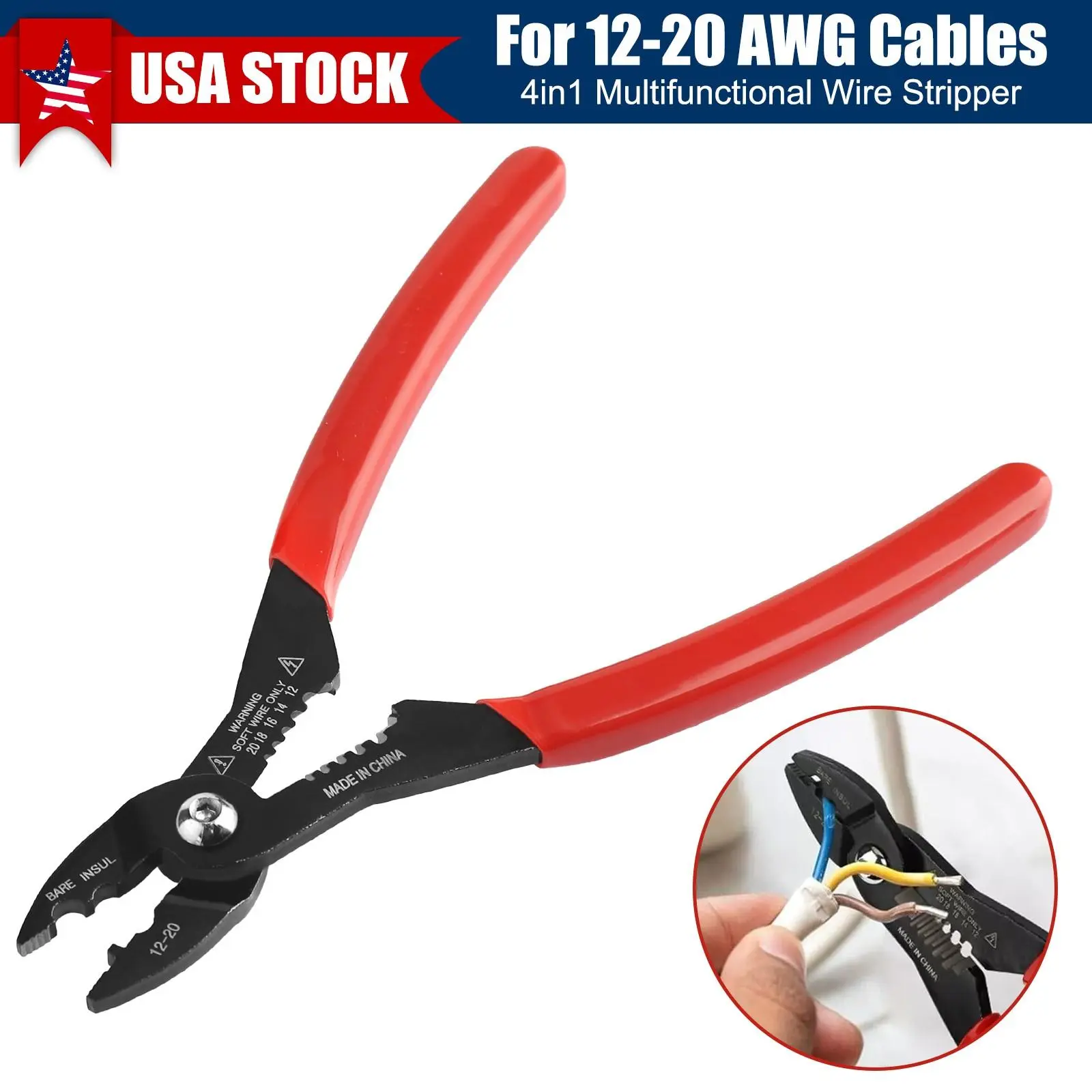 Toolbox Essential 4-in-1 Wire Stripper Pliers Heavy Duty Alloy Steel Cutter Crimper Gripper 12-20 AWG Automotive Electrical Repair DIY Dad Husband Gift