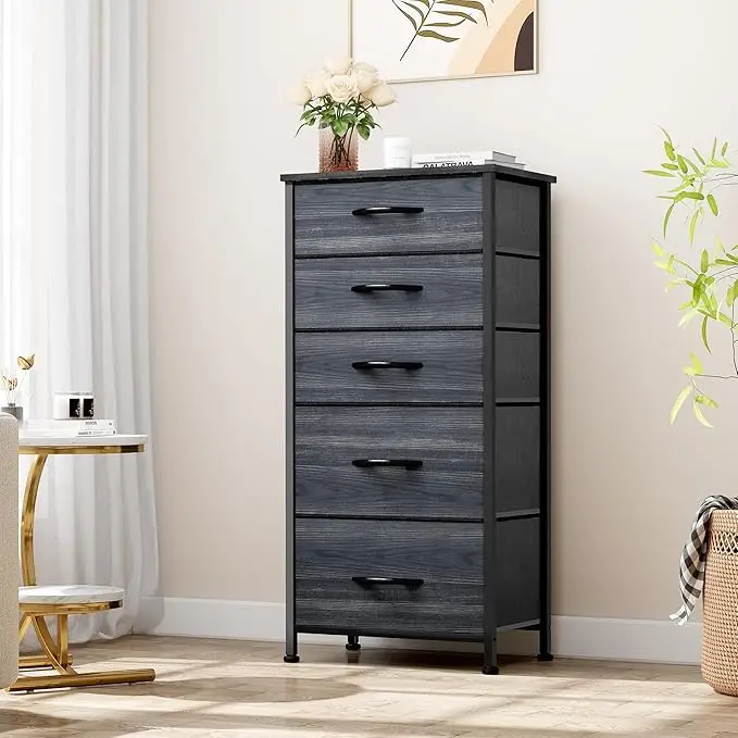 Yitahome Chest of Drawer Bedroom with 5 Drawers Storage Unit Steel Frame Wood Top Fabric Dresser for Bedroom Living room, Nursery, Closet,Black wood g