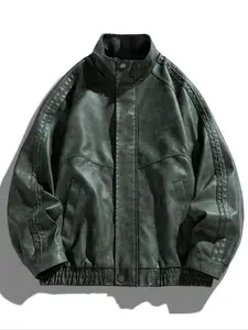 Men's American Vintage Leather Jacket, Classic Two-Stripe Design Long Sleeve Outerwear, Stylish Retro Motorcycle Coat for Casual Wear, Menswear