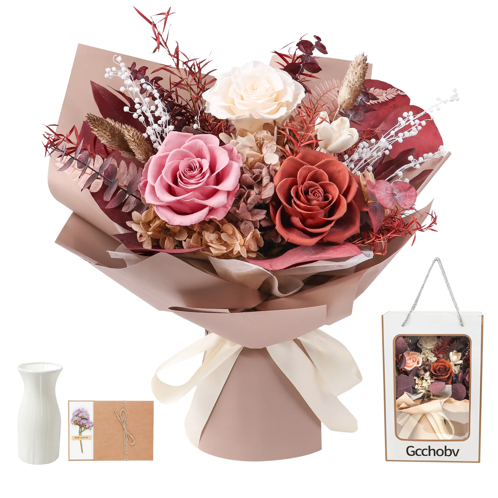 Gcchobv Boxed Preserved Real Flowers Bouquet - 100% Fresh Flowers Made Long-Lasting, Indoor Home Decor, Ideal Gift for Christmas, Mother's Day (Single Bouquet), Indoor Decor