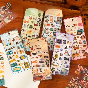 12 sheets Cute Pet Minimalist Sticker Pack featuring cartoon animals, plants, scene themes, minimalist style, coated paper material, self adhesive, DIY journal decoration, scrapbook notebook material sticker pack